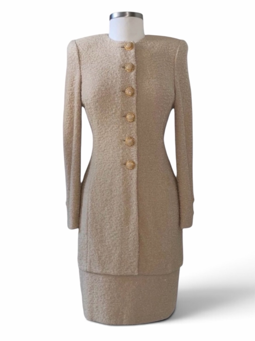 St. John Tan Boucle Knit Long Jacket and Skirt